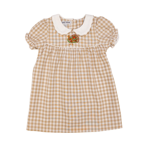 Turkey Embroidered Dress- Beige Plaid