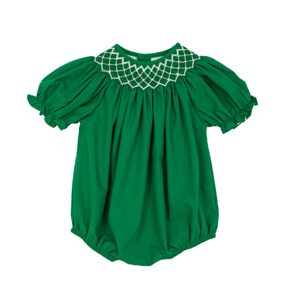 Catherine Smocked Bubble W/ White Pearl- Hunter Green