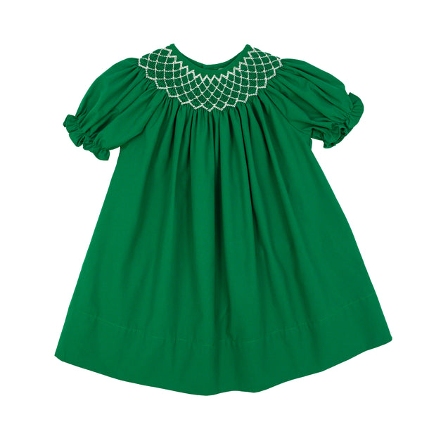 Catherine Smocked Dress W/ White Pearl- Hunter Green