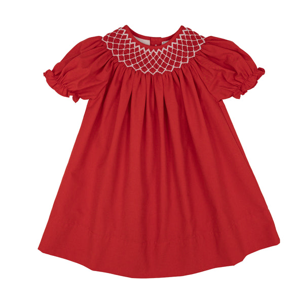 Catherine Smocked Dress W/ White Pearl- Red