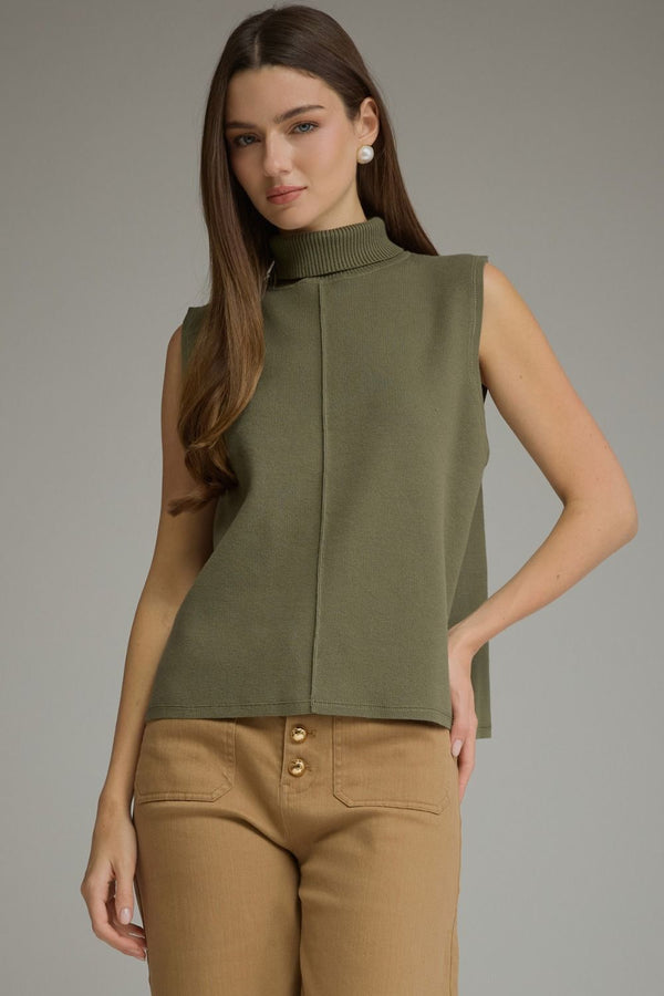 Solid Sleeveless Turtleneck Top- Olive