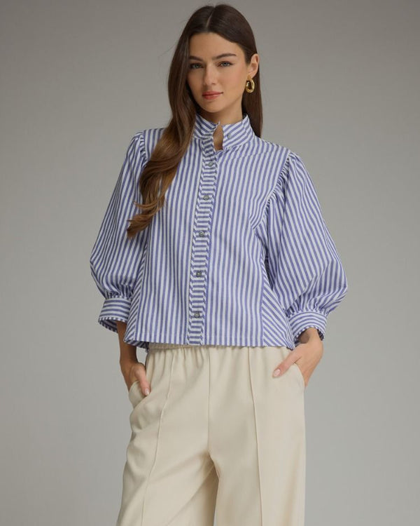 Striped Button Up Top- Navy Blue