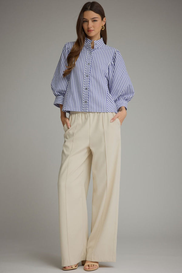 Striped Button Up Top- Navy Blue