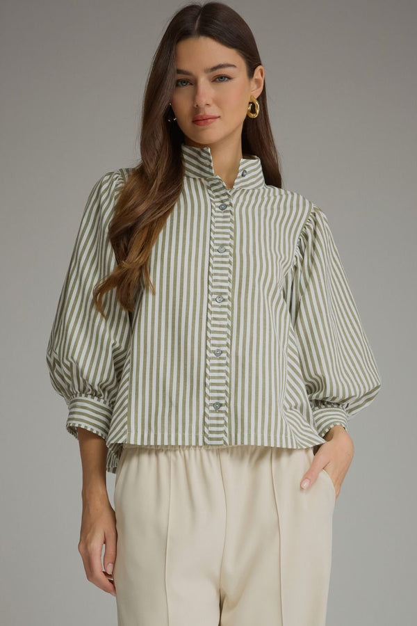 Striped Button Up Top- Olive