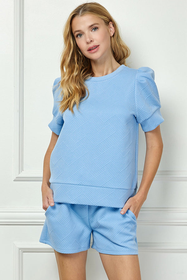 Puff Sleeve Textured Short Set- Blue