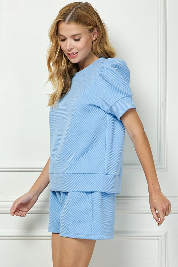 Puff Sleeve Textured Short Set- Blue
