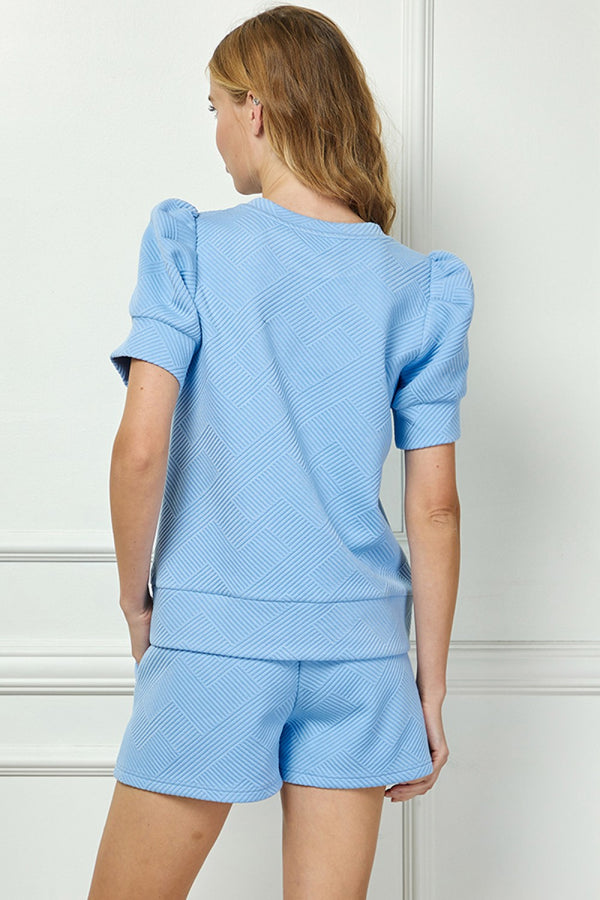 Puff Sleeve Textured Short Set- Blue