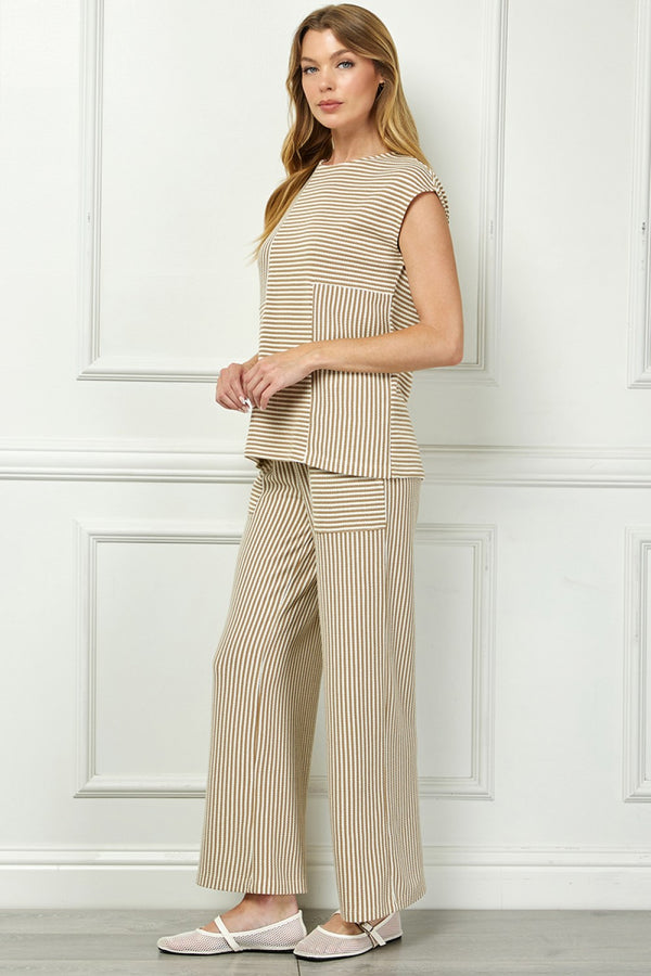 Striped Pants Set- Khaki/Cream