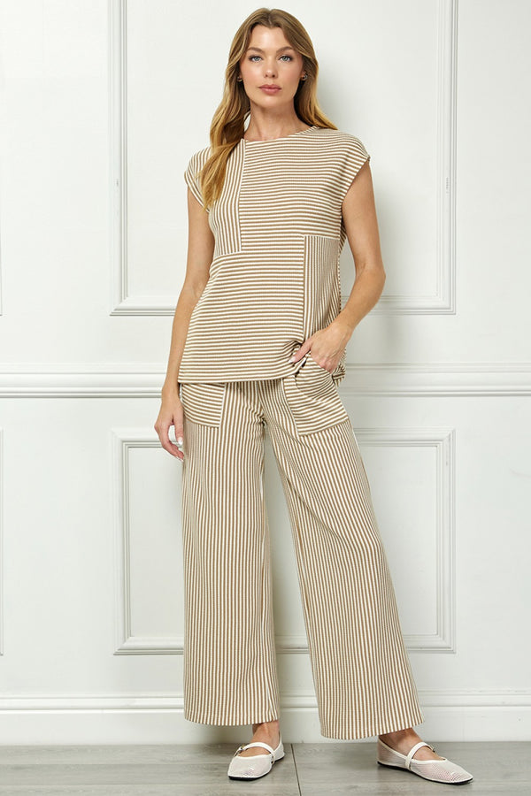 Striped Pants Set- Khaki/Cream