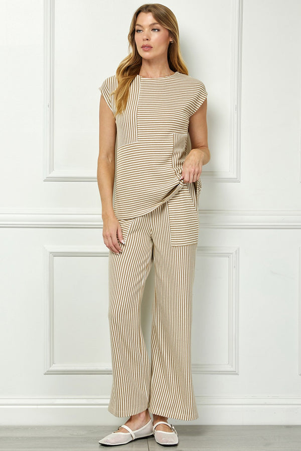 Striped Pants Set- Khaki/Cream