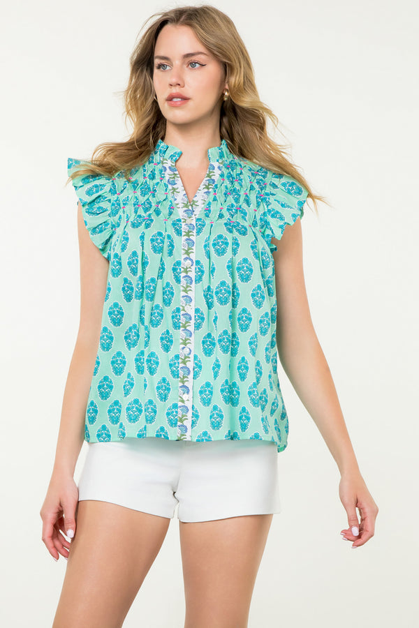 Button Up Flower Top- Aqua