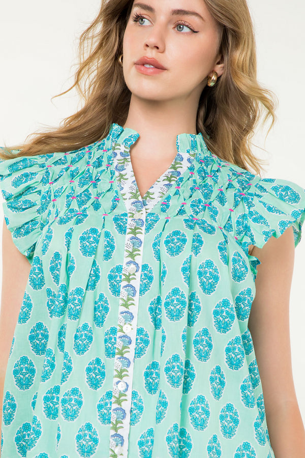 Button Up Flower Top- Aqua