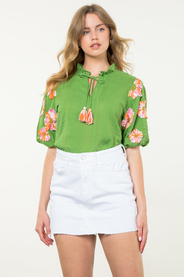 Hand Embroidered Puff Sleeve Top- Green