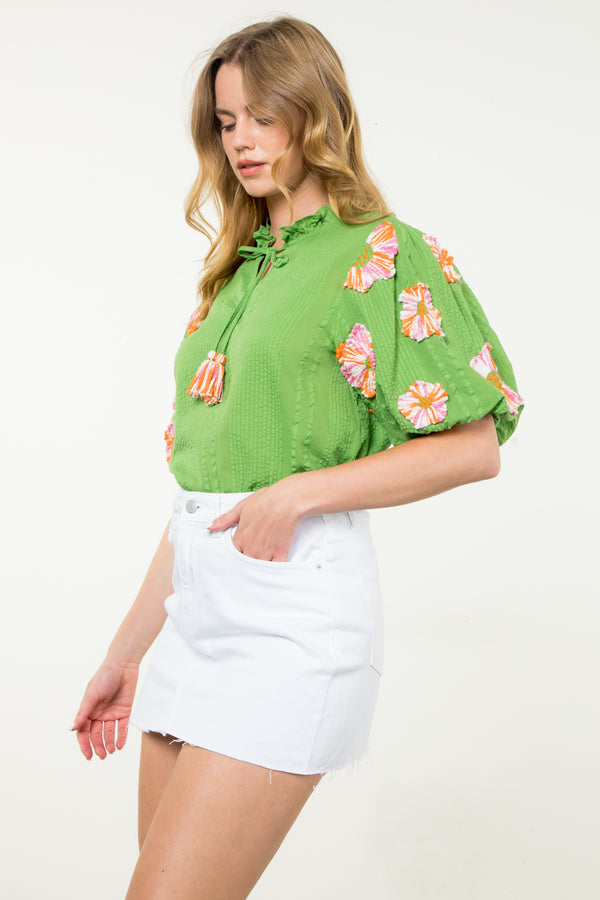 Hand Embroidered Puff Sleeve Top- Green