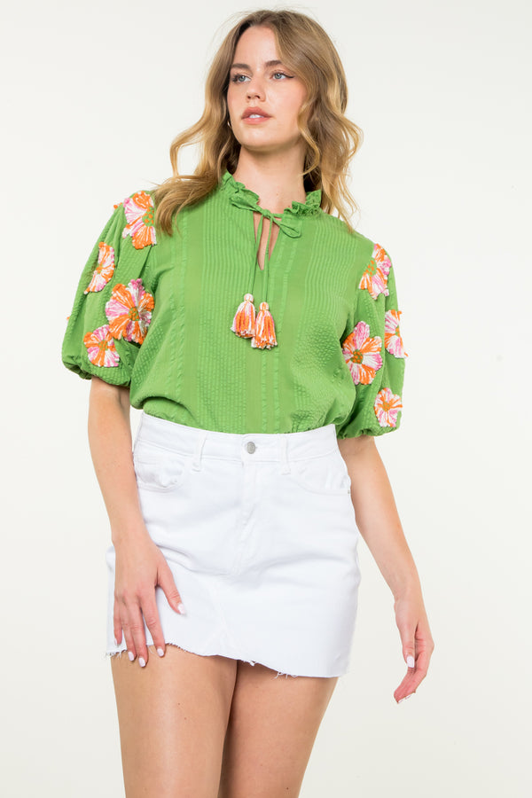 Hand Embroidered Puff Sleeve Top- Green