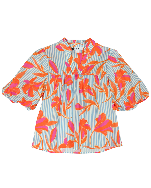 Striped Floral Puff Sleeve Top- Light Blue