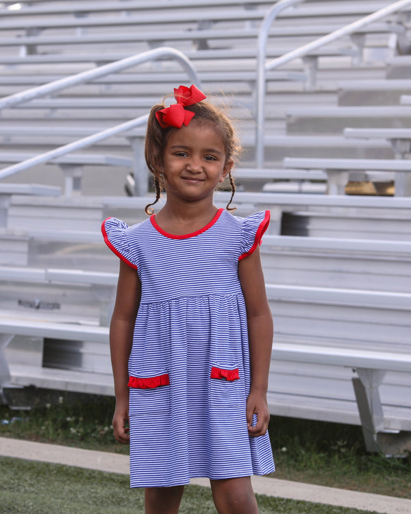 Lucy Game Day Dress- Royal Blue Stripe/Red