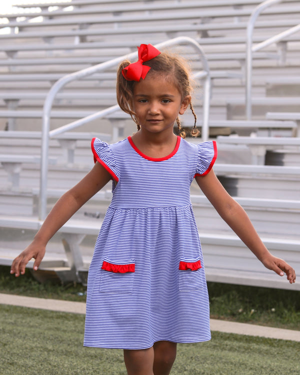Lucy Game Day Dress- Royal Blue Stripe/Red