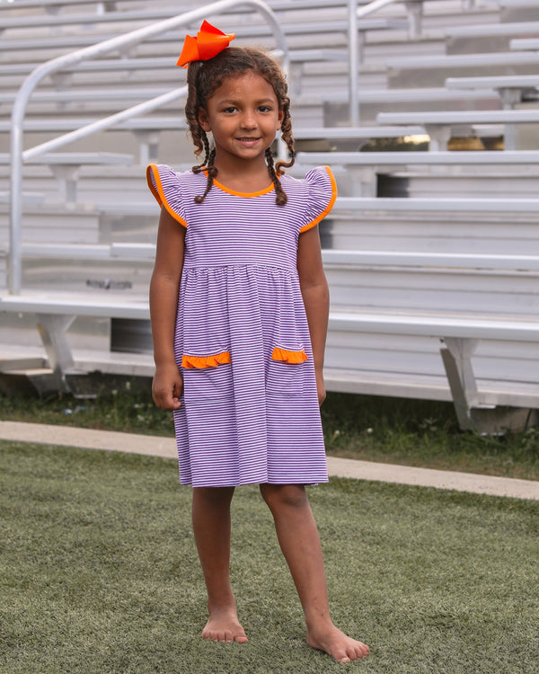Lucy Game Day Dress- Purple Stripe/Orange