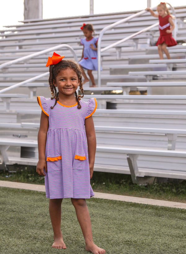 Lucy Game Day Dress- Purple Stripe/Orange – Smock Candy Lucy Game Day Dress- Purple Stripe/Orange – Smock Candy