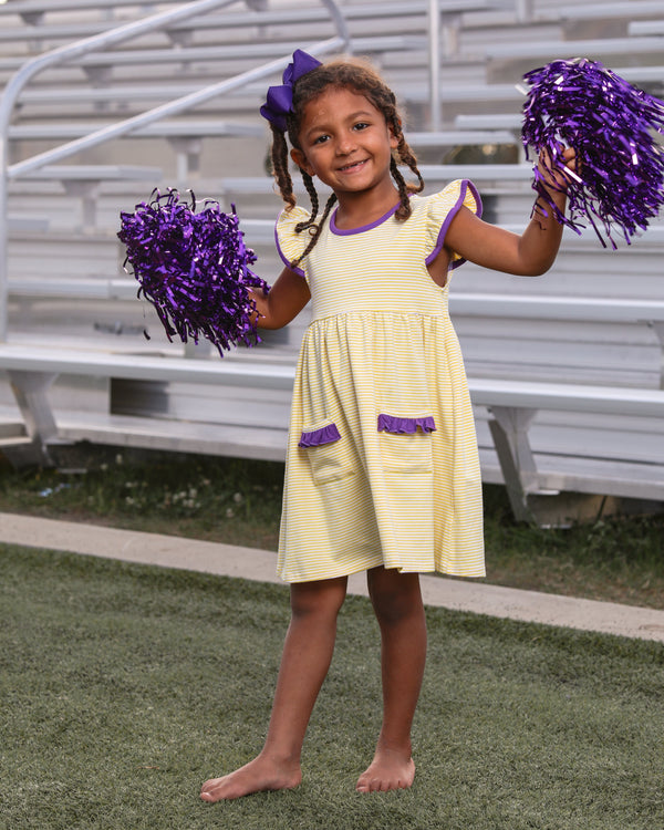 Lucy Game Day Dress- Yellow Stripe/Purple