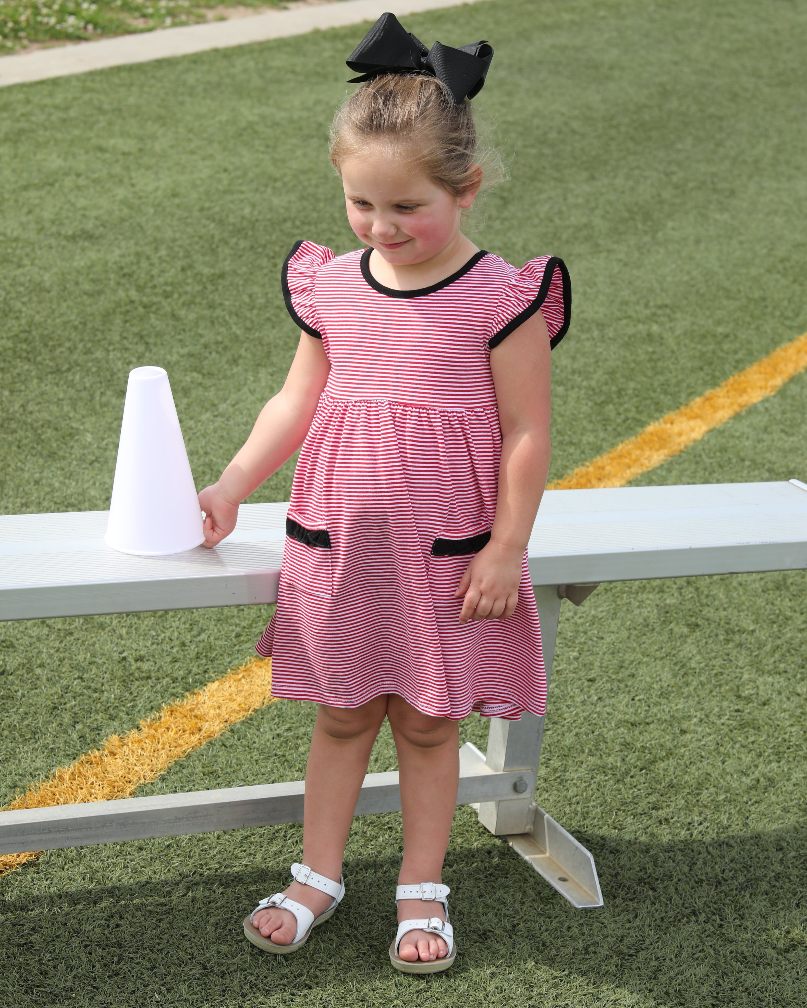 Lucy Game Day Dress- Red Stripe/Black Smock Candy Lucy Game Day Dress- Red Stripe/Black Smock Candy