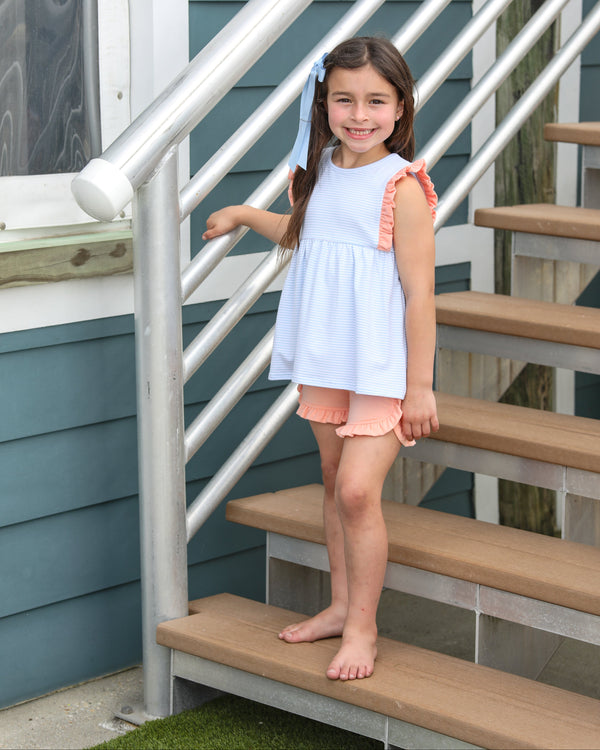 Josie Short Set- Light Blue Stripe/Coral