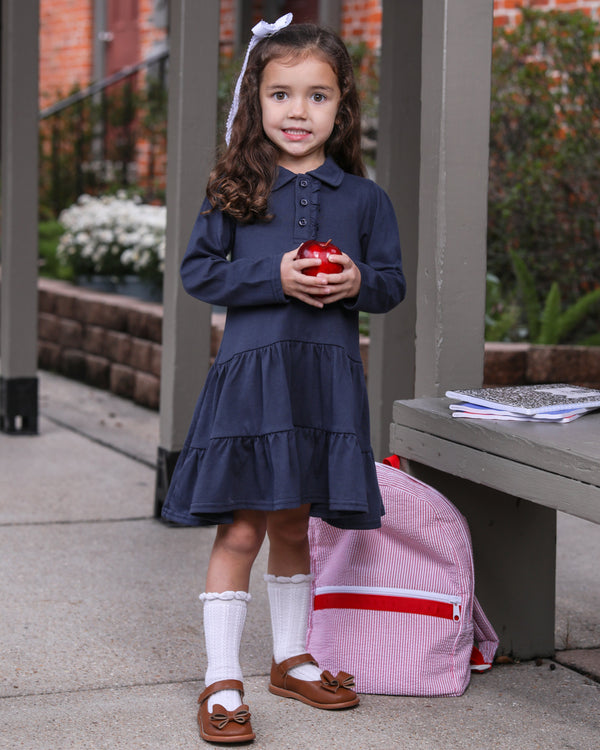 Ruffle LS Polo Dress- Navy