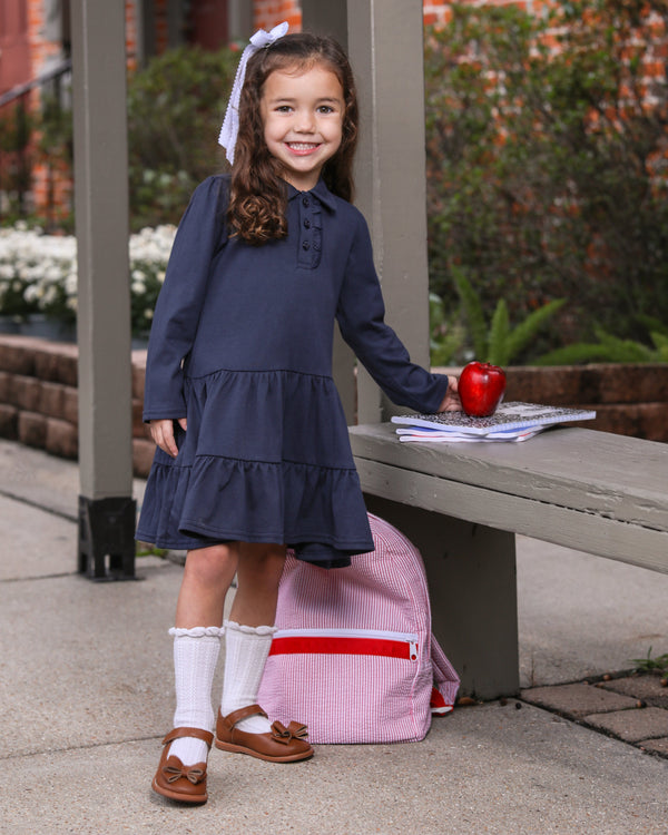 Ruffle LS Polo Dress- Navy