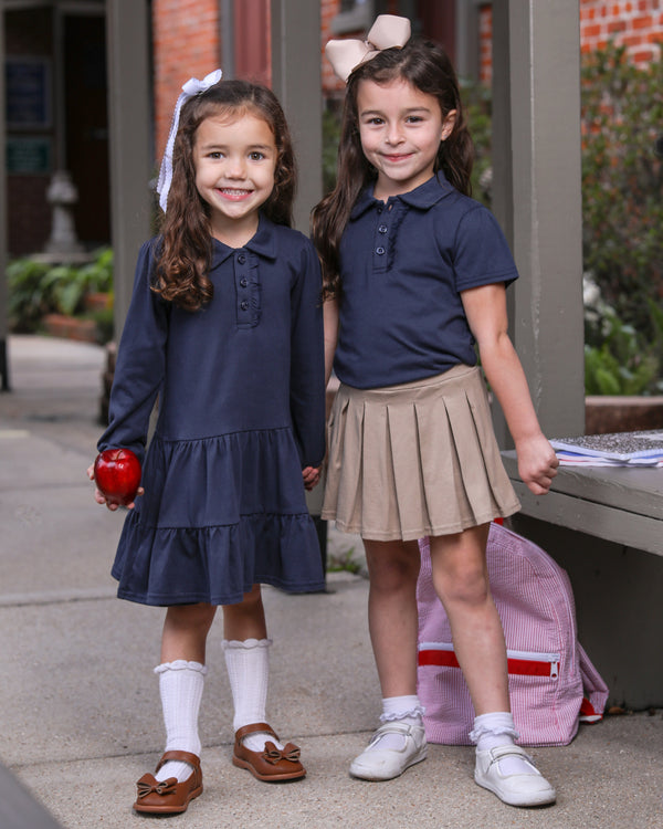 Ruffle LS Polo Dress- Navy