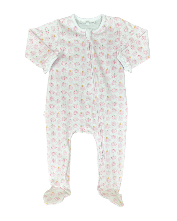 Precious Pumpkins Printed Ruffle Zipper Footie- Pink