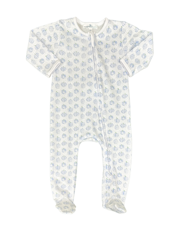 Precious Pumpkins Printed Zipper Footie- Light Blue