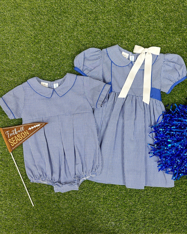 Peter Pan Collar Dress W/ Sash- Royal Mini Check