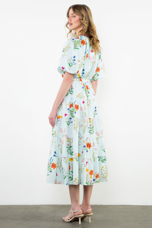 Puff Sleeve Floral Maxi Dress- Light Blue