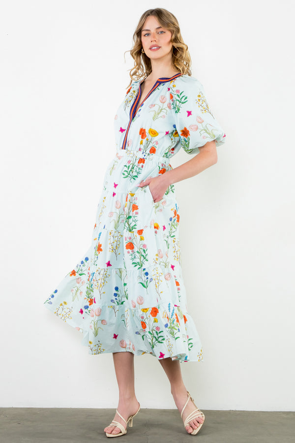 Puff Sleeve Floral Maxi Dress- Light Blue
