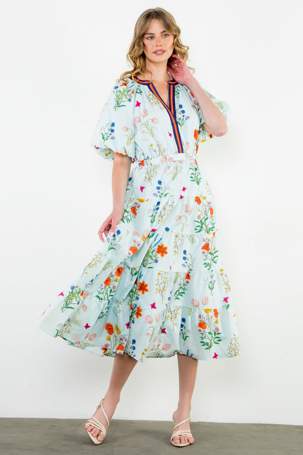 Puff Sleeve Floral Maxi Dress- Light Blue