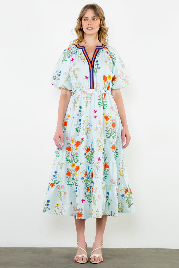 Puff Sleeve Floral Maxi Dress- Light Blue