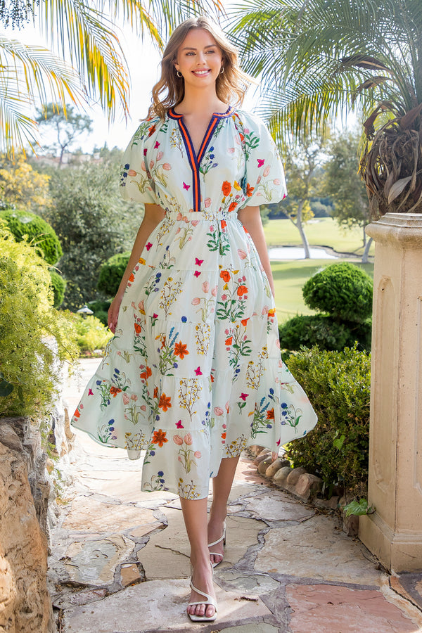 Puff Sleeve Floral Maxi Dress- Light Blue