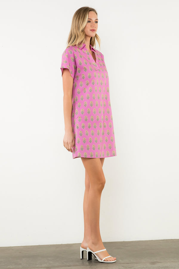 Short Sleeve Flower Print Dress- Purple