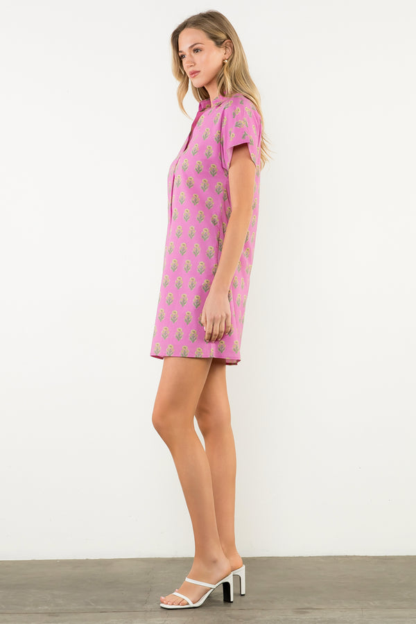Short Sleeve Flower Print Dress- Purple