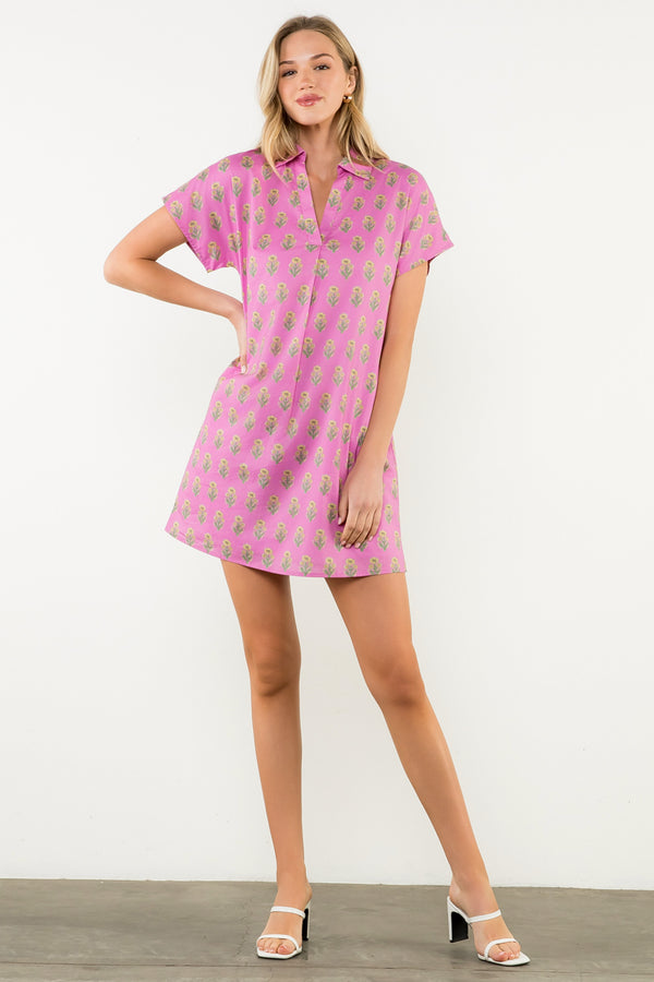 Short Sleeve Flower Print Dress- Purple