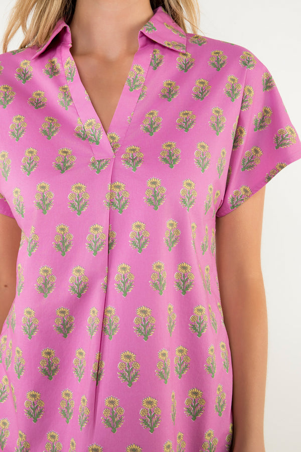 Short Sleeve Flower Print Dress- Purple