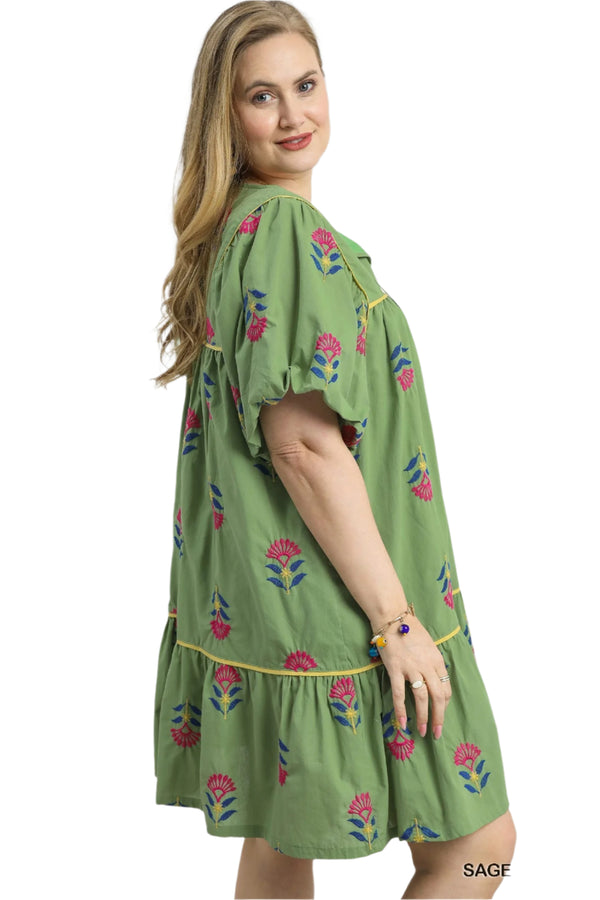 Embroidered Tiered Dress- Sage Green