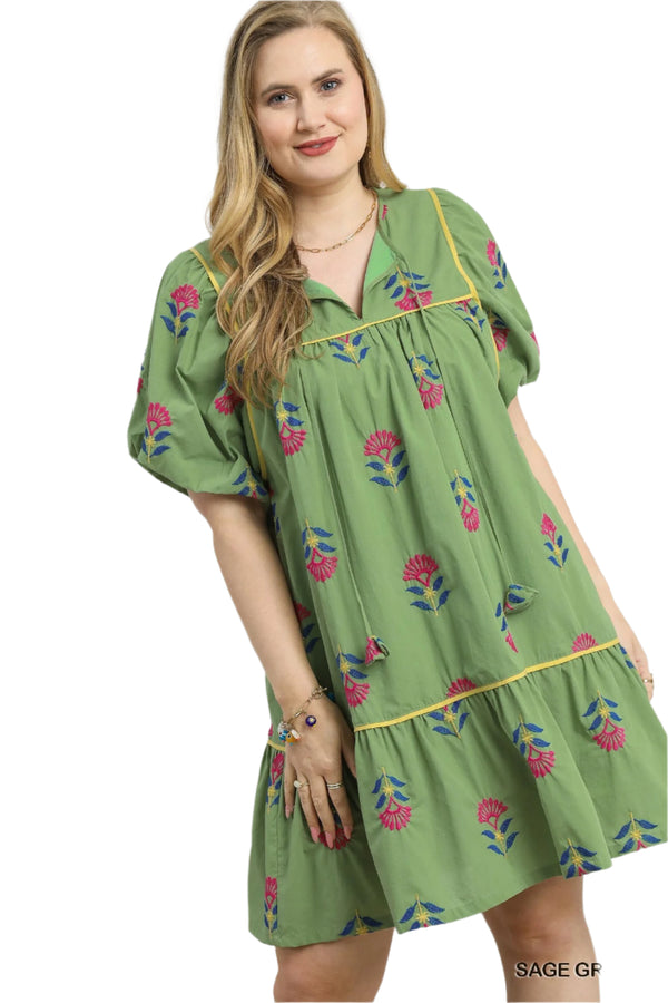 Embroidered Tiered Dress- Sage Green