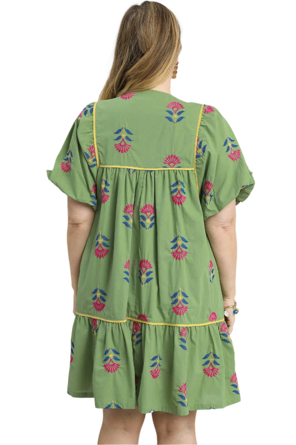 Embroidered Tiered Dress- Sage Green