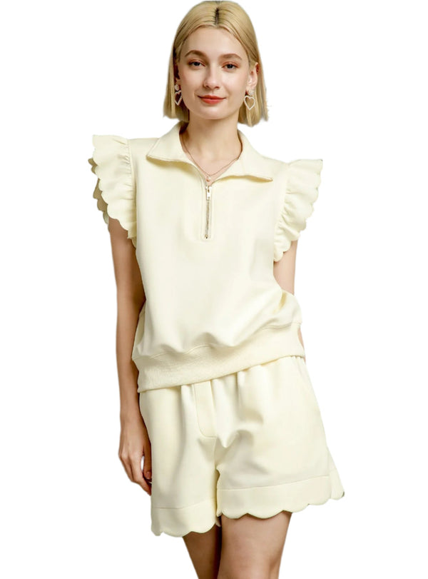 Scalloped Zip-Up Lounge Short Set- Ecru