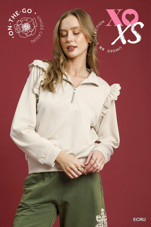 Ruffle Shoulder Quarter-Zip Pullover- Ecru