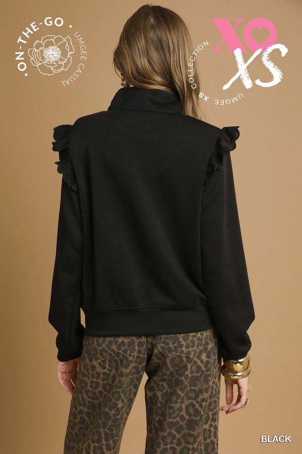 Ruffle Shoulder Quarter-Zip Pullover- Black