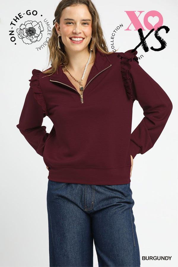 Ruffle Shoulder Quarter-Zip Pullover- Burgundy