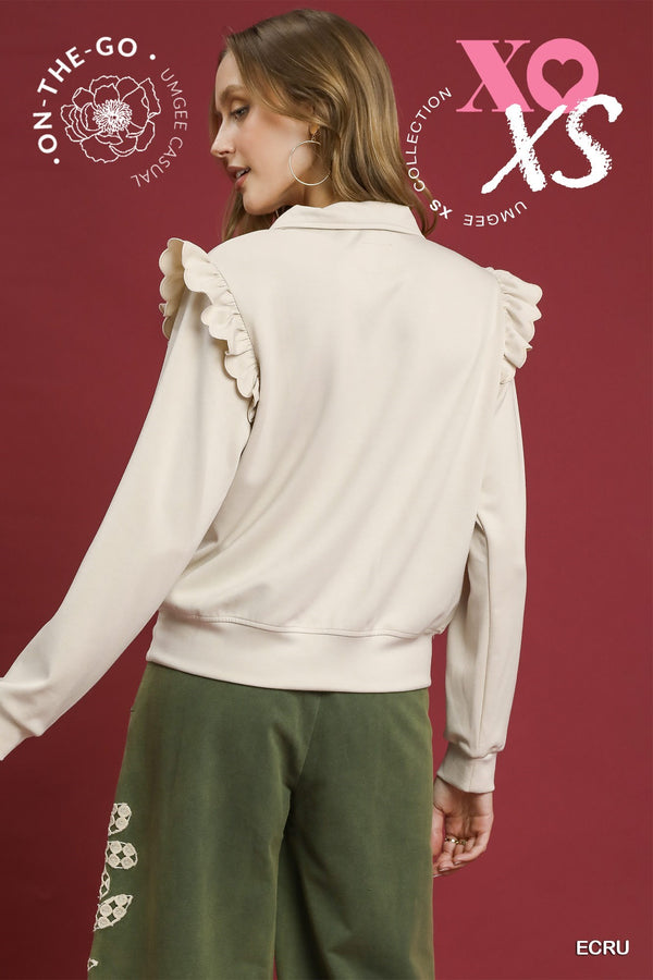 Ruffle Shoulder Quarter-Zip Pullover- Ecru